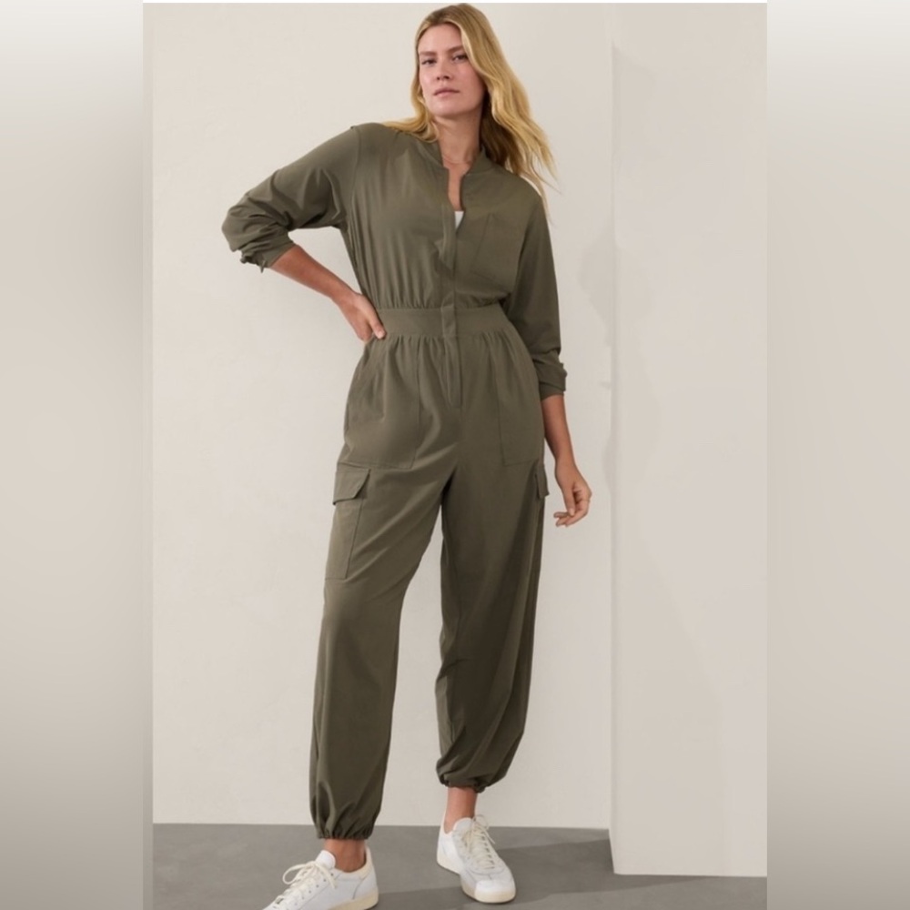 Athleta Olive Green Long-Sleeve Utility Jumpsuit